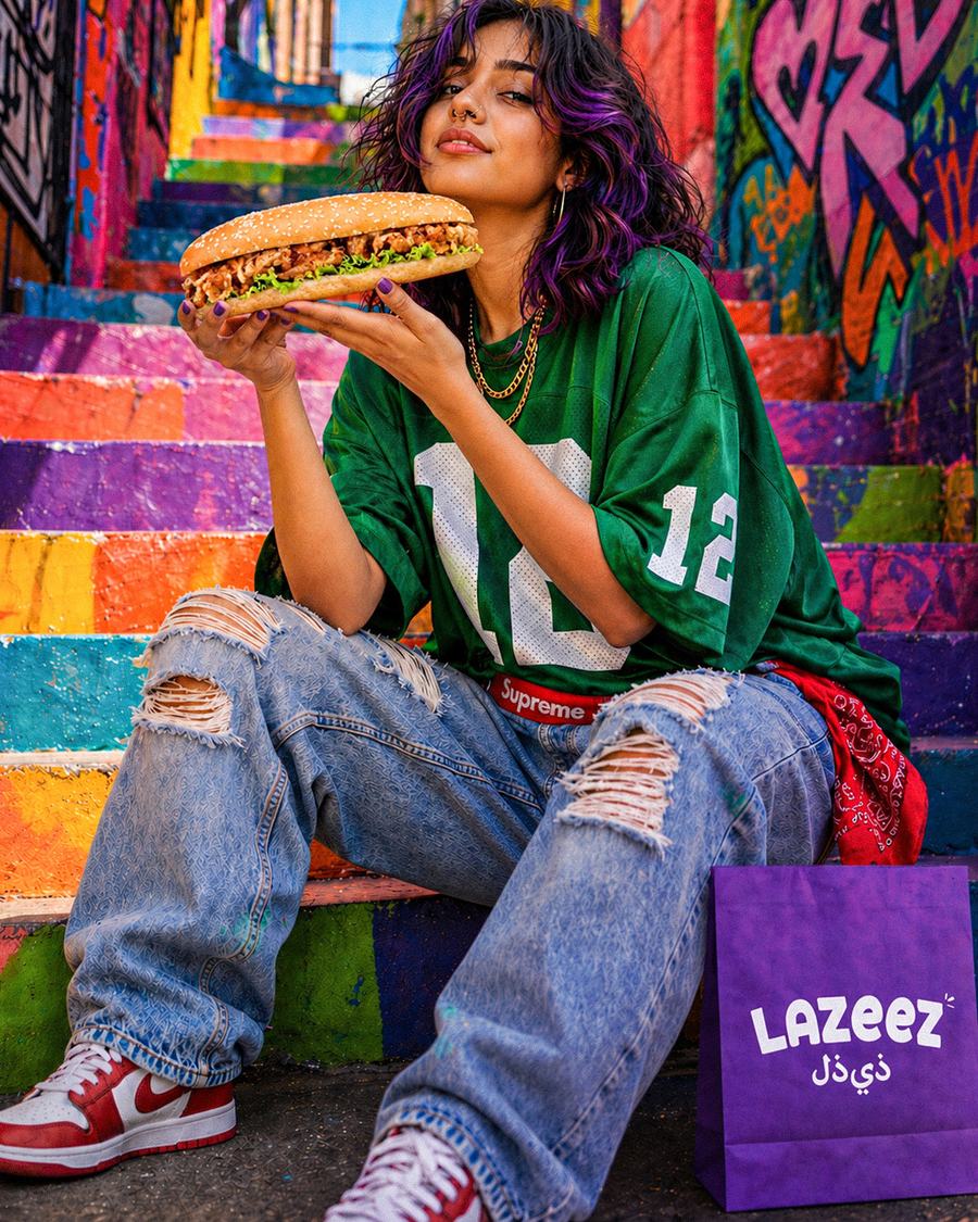 Customer holding a Lazeez sandwich on colorful painted stairs